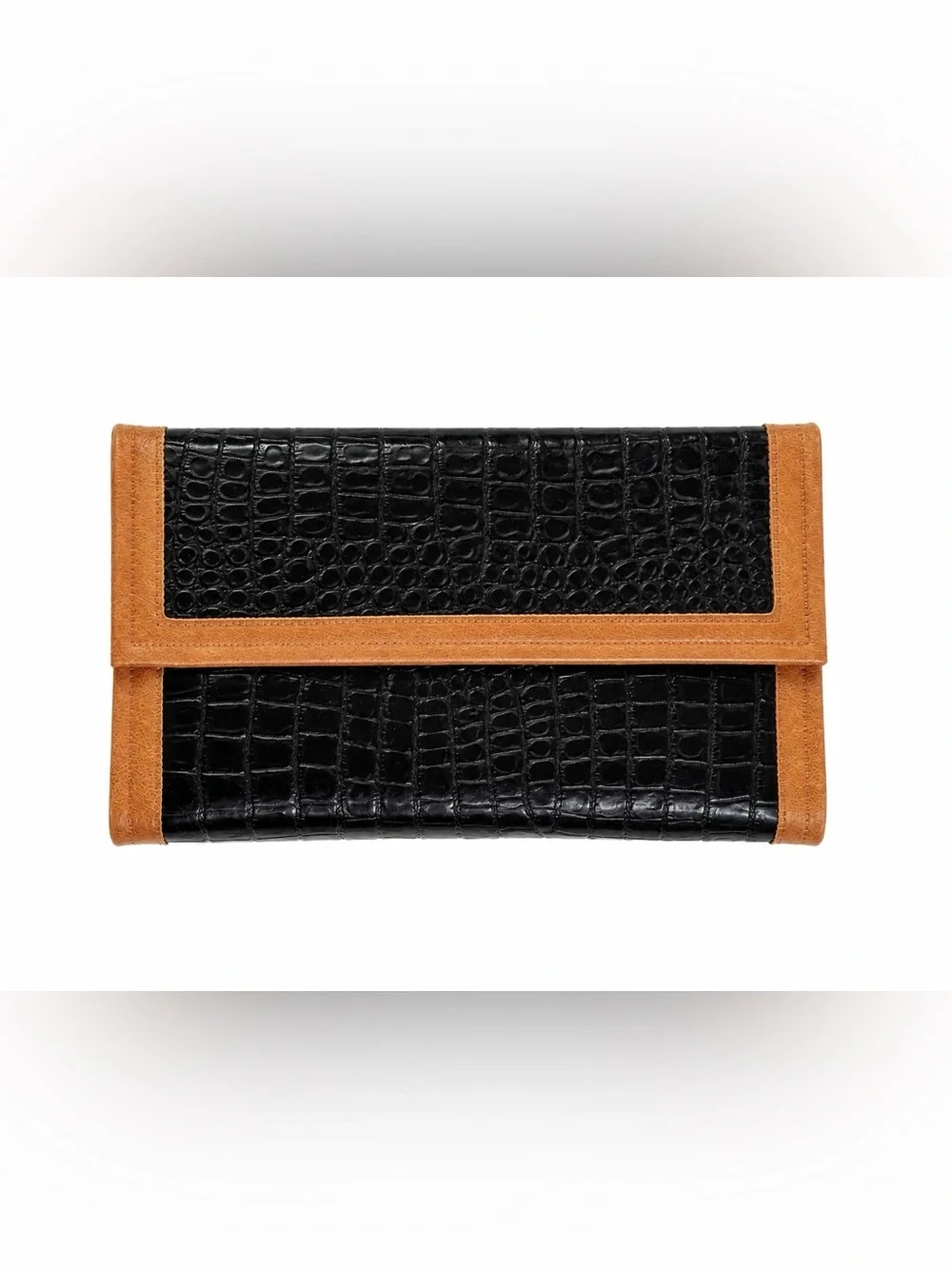 Black Crocodile Embossed Leather Checkbook Wallet Brown Trim